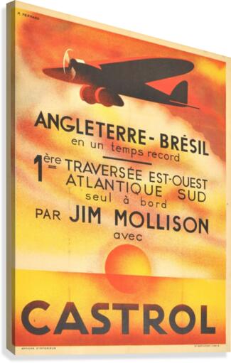 Original Art Deco Airplane Poster Castrol Jim Mollison Art Deco England Brazil  Canvas Print