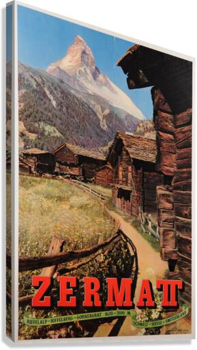 Original Vintage Swiss Travel Poster for the Zermatt Mountain Village in 1950  Canvas Print