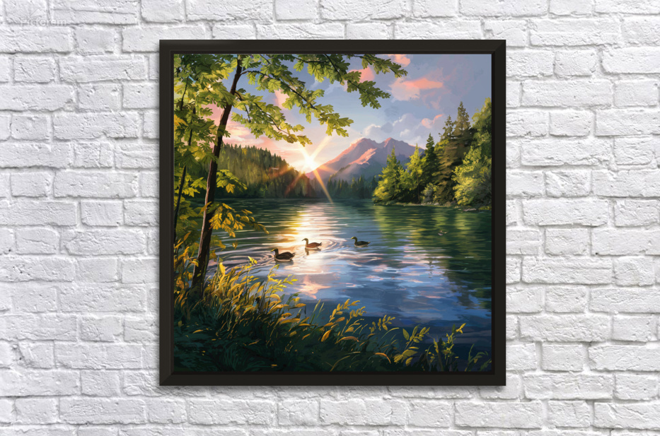 A captivating nature scene featuring a serene lak by Art
