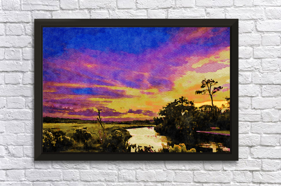 Watercolor sunset over marsh landscape with vibrant colors and tranquil setting by Gestalt Imagery