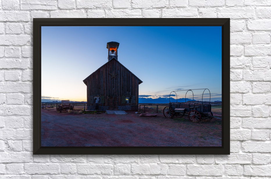 Western Church And Wagon Blue Hour by Jennifer White