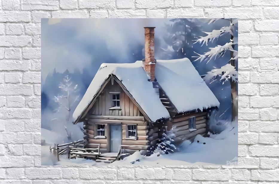 Snowy Cabin in Winter Forest – Cozy Christmas Art Print by sama photo