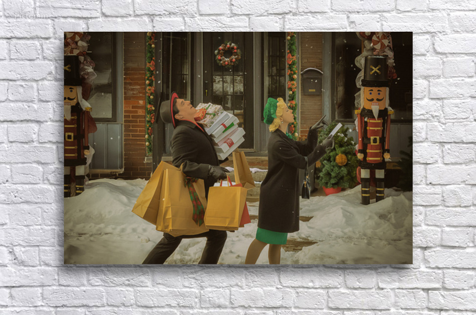 Vintage winter scene of a fifties couple in front of a decorated store shopping for Christmas gifts by Artmood Visualz