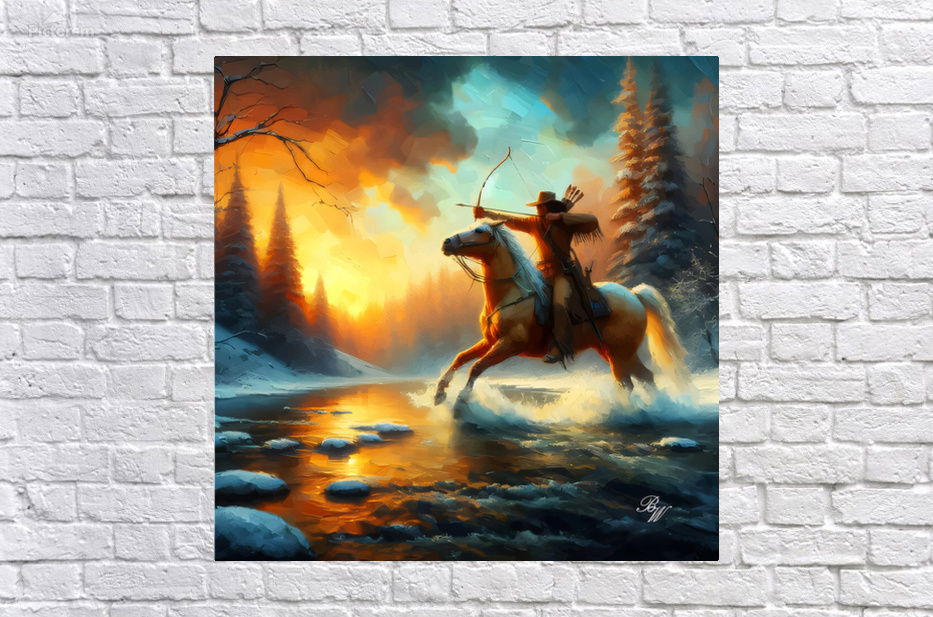 Mountain Man shooting bow crossing stream  by Billy Wayne