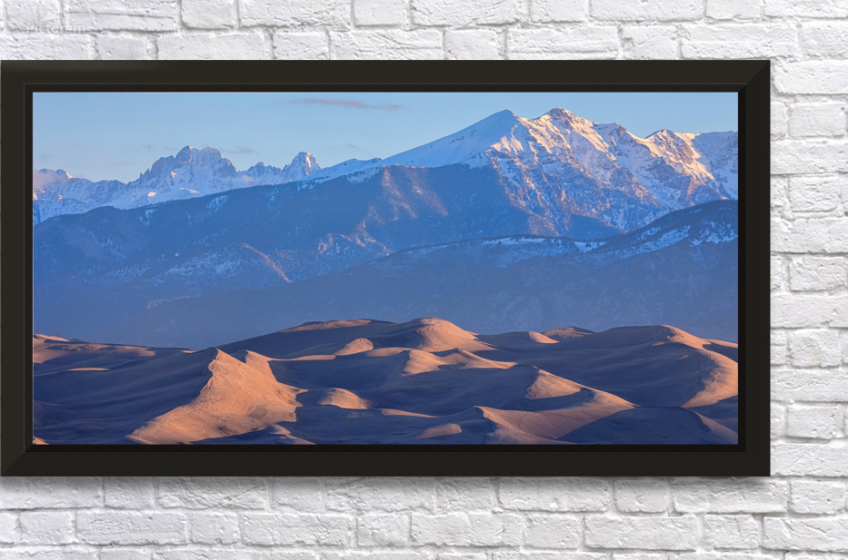 Early Morning Sand Dunes and Snow Covered Peaks by Bo Insogna