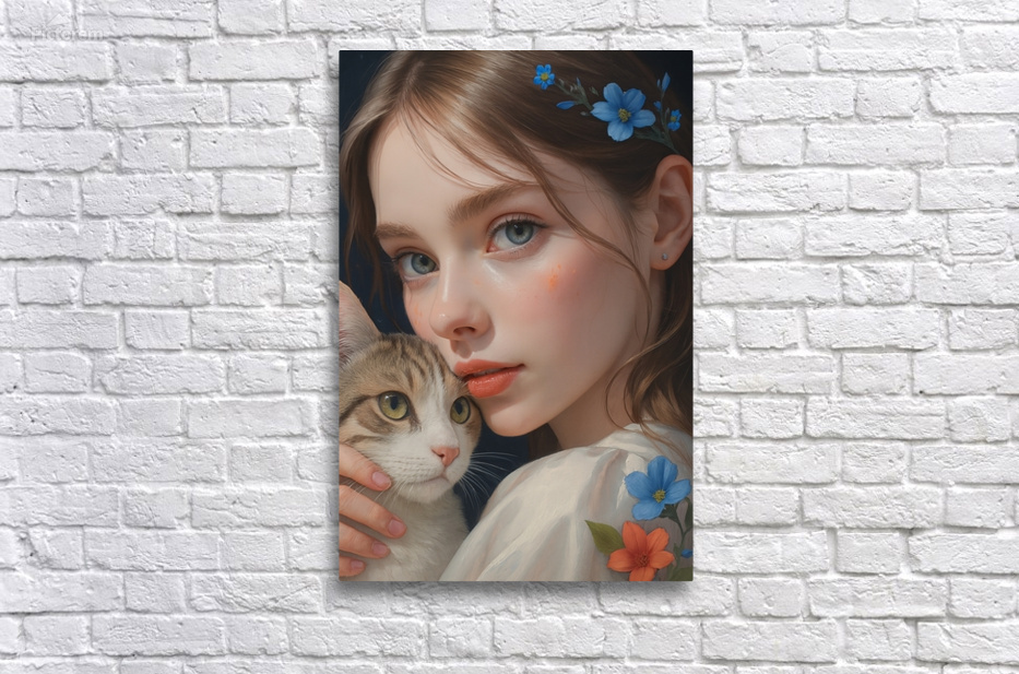 Tender Girl and Curious Cat Adorned in Blue Flowers 1 by Synth Art Emporium