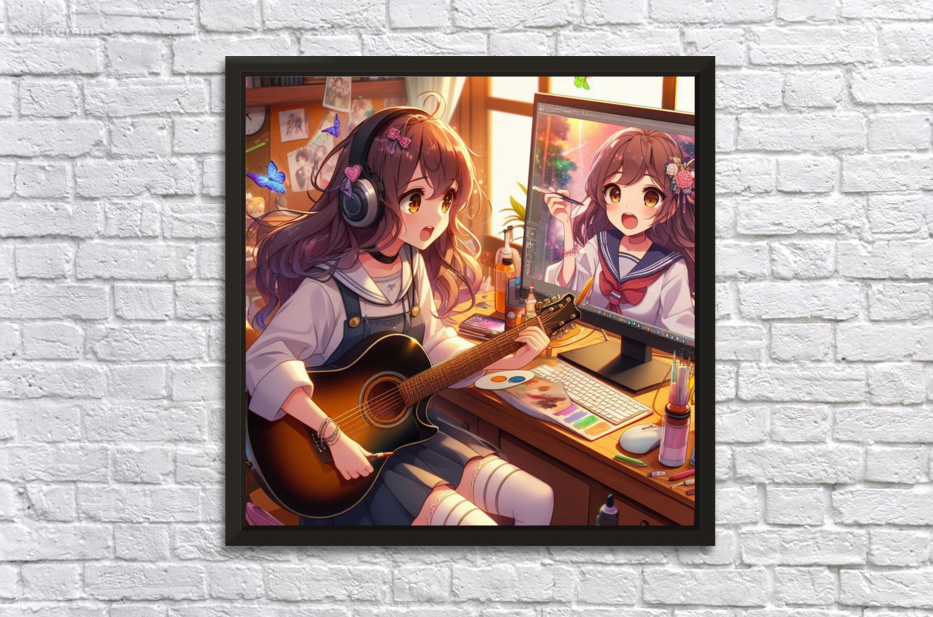 Beautiful Anime girl with headphones playing guitar by