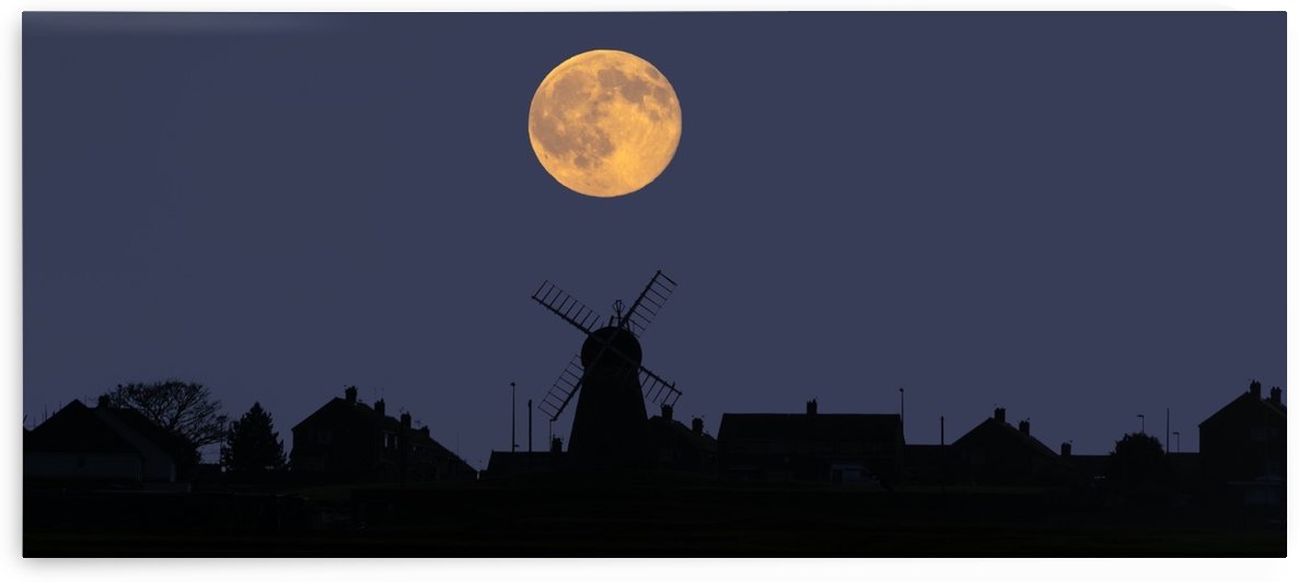 A glowing full harvest moon over the silhouette of a skyline of buildings; Whitburn, Tyne and Wear, England by PacificStock