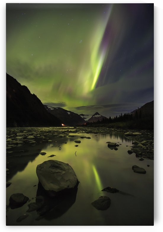 Aurora Borealis (Northern Lights) over the Portage River looking South back towards Portage Tunnel; Portage, Alaska, United States of America by PacificStock
