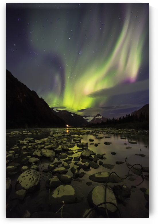 Aurora Borealis (Northern Lights) over the Portage River looking South back towards Portage Tunnel; Portage, Alaska, United States of America by PacificStock