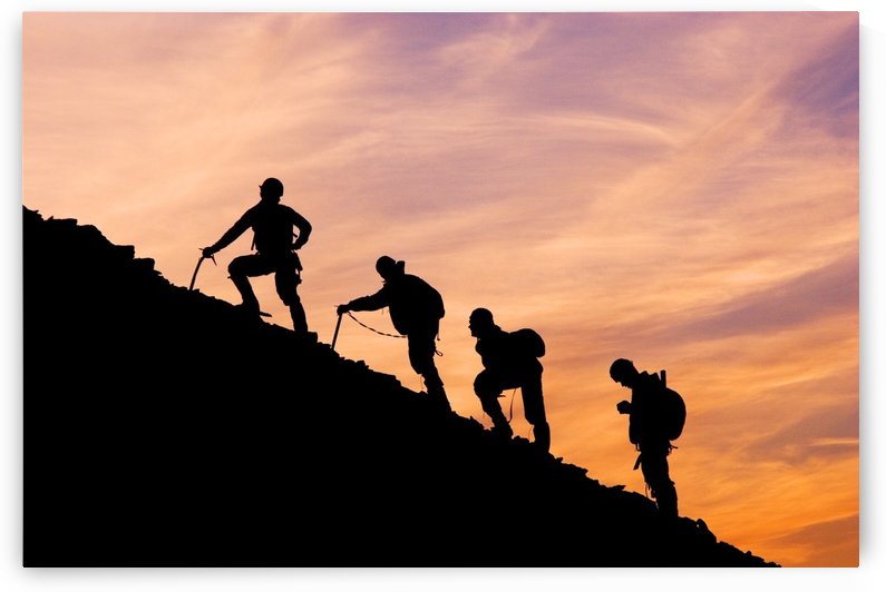 Silhouette Of Four Mountian Climbers As They Ascend Mount Ascension Before Sunrise Lost Lake Seward Alaska Kenai Peninsula Summer by PacificStock