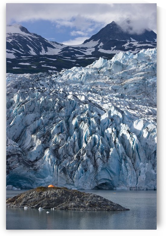 Scenic View Of Shoup Glacier With A Camp Tent Set On A Island In The Distance, Shoup Bay State Marine Park, Prince William Sound, Southcentral Alaska by PacificStock