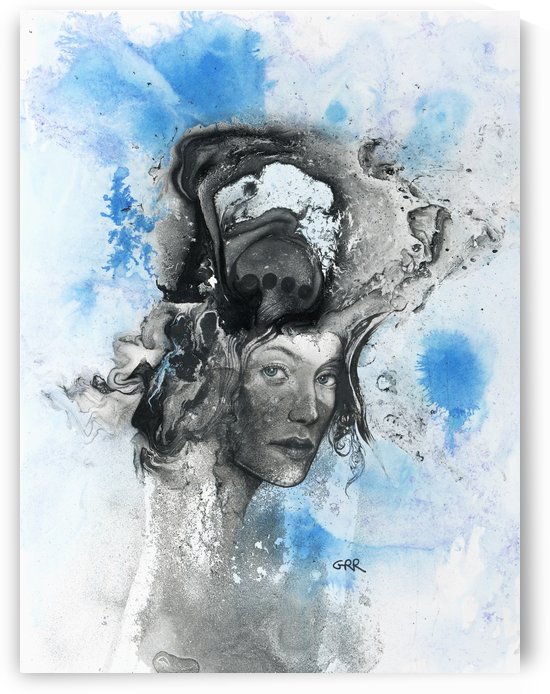 Illustration of a woman's face with splashes and shapes on the top of her head by PacificStock