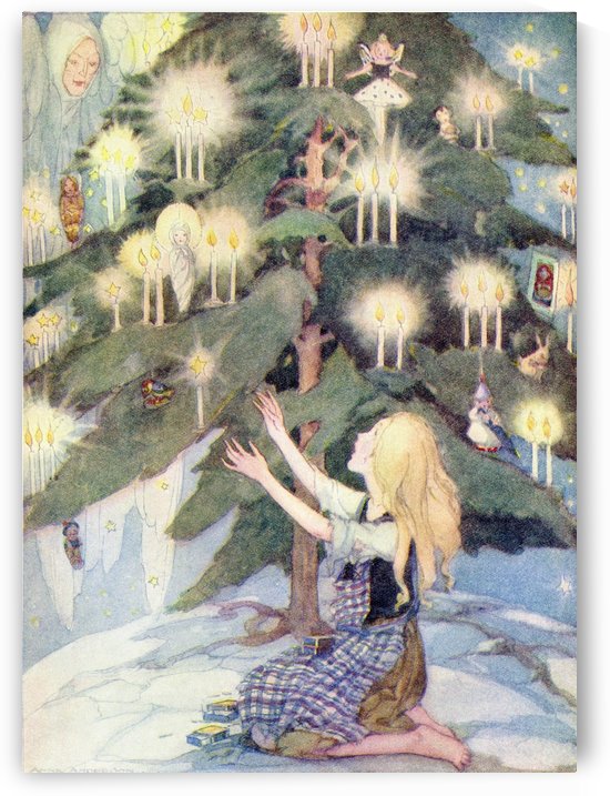 The Little Match Girl, illustration from The Golden Wonder Book published 1934.  The poor little girl was sitting under the most beautiful Christmas tree she had ever seen. by PacificStock
