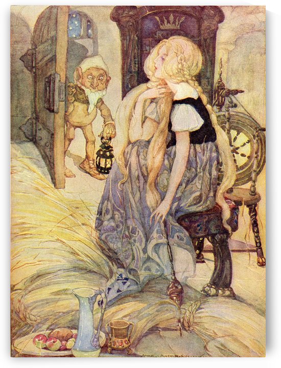 The Miller's Daughter, illustration from The Golden Wonder Book published 1934.  Suddenly the door opened and into the room appeared a little man who said, 