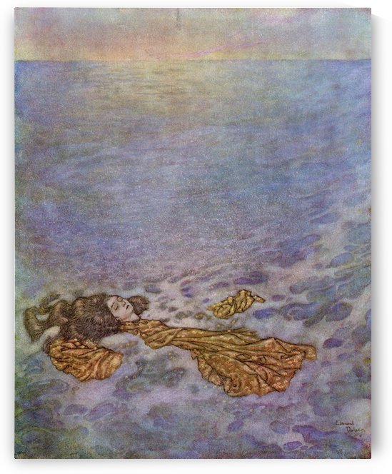 Once more she looked at the prince, with her eyes already dimmed by death, then dashed overboard and fell, her body dissolving into foam.  Illustration by Edmund Dulac for The Mermaid.  From Stories from Hans Andersen, published 1938. by PacificStock