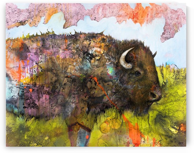 Illustration of a buffalo with colourful splashes and landscape by PacificStock