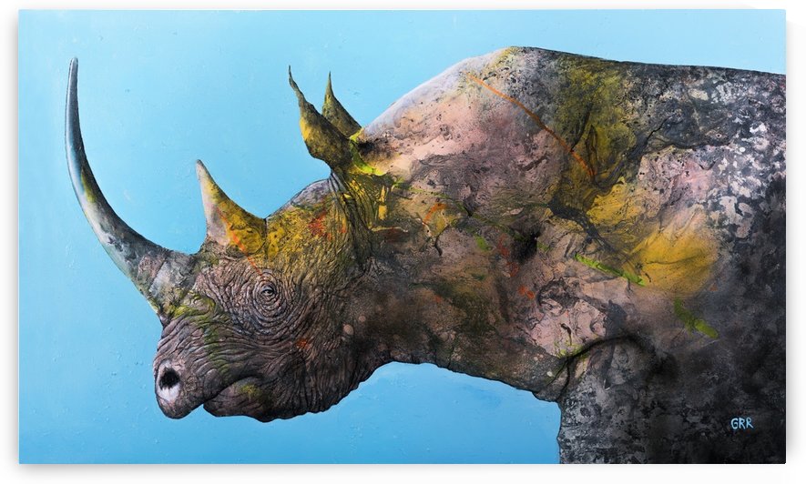 Illustration of a white rhinoceros against a blue background by PacificStock