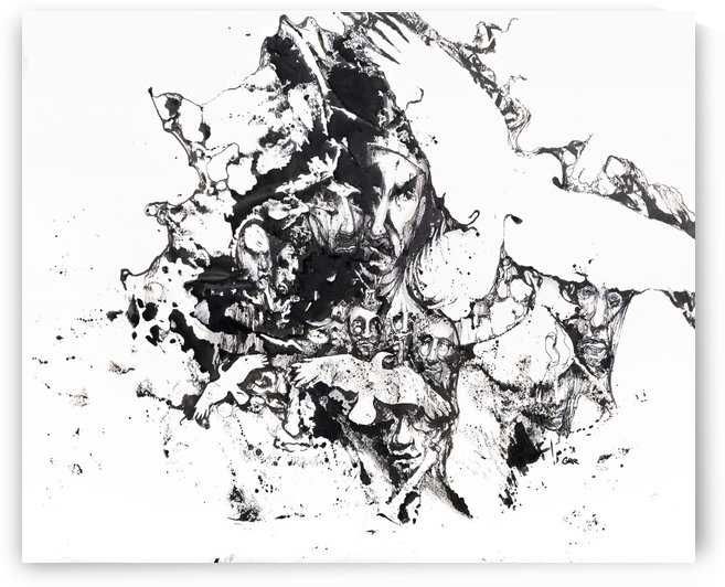 Black and white illustration of birds and human faces by PacificStock