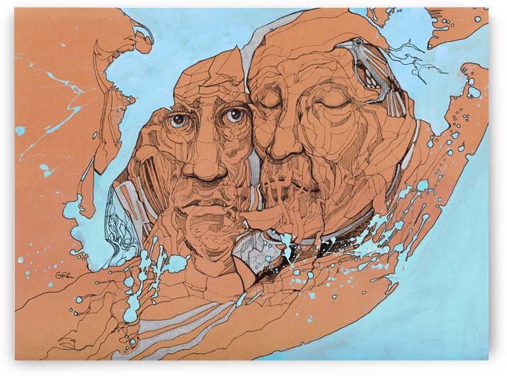 Illustration of two male faces and an abstract blue and brown background by PacificStock