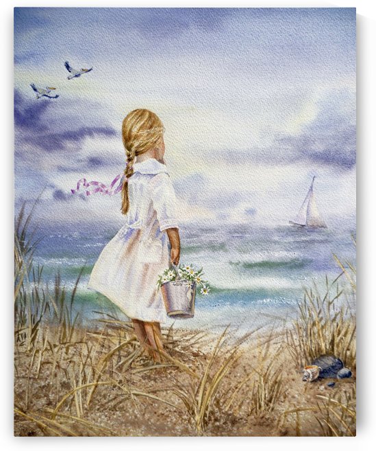 Watercolor Beach Painting Girl Boat And Ocean by Irina Sztukowski