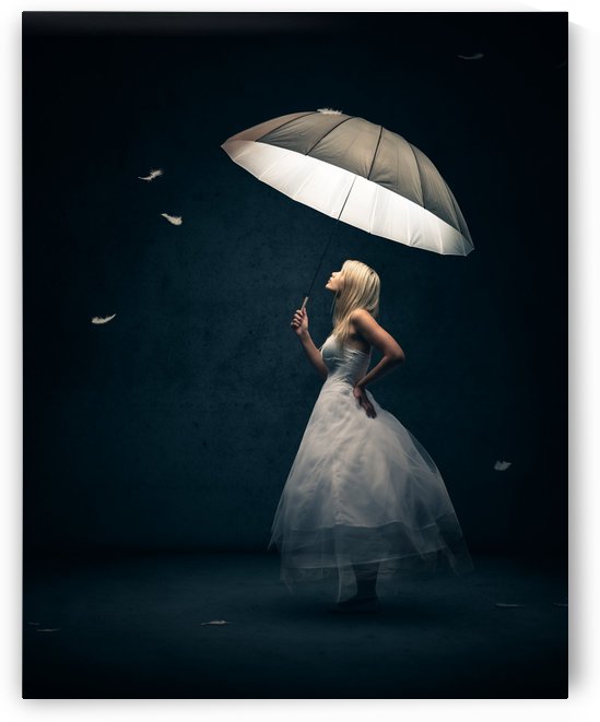 Girl with Umbrella and feathers by Johan Swanepoel