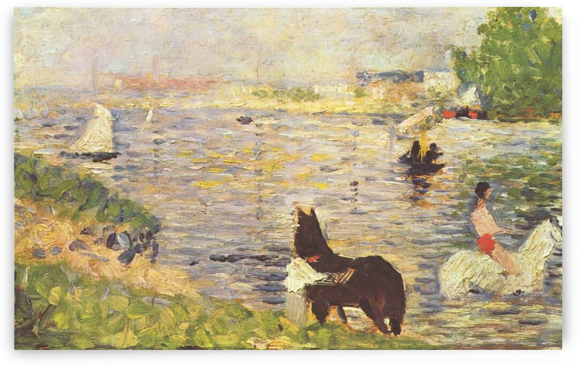 Weises und schwarzes Pferd im Flus by Georges Seurat