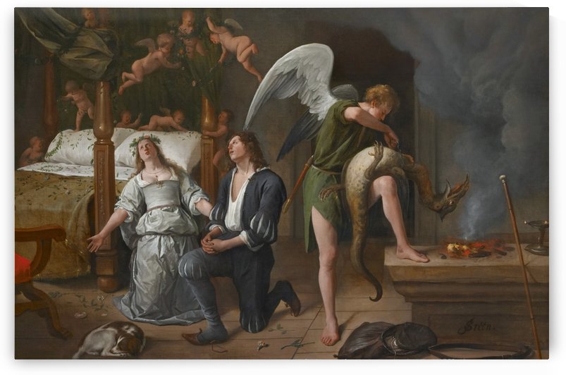 Tobias en Sarah bidden terwijl Rafael bindt de demon by Jan Steen