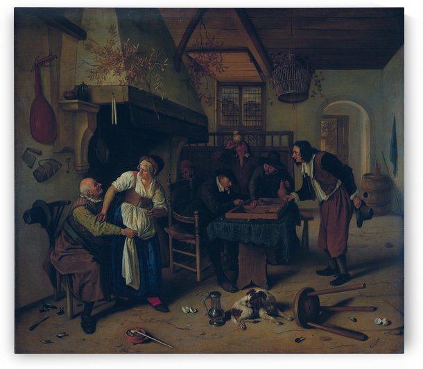 Interior of an inn with an old man amusing himself with the landlady and two men playing backgammon, known as ‘The Double Game’ by Jan Steen