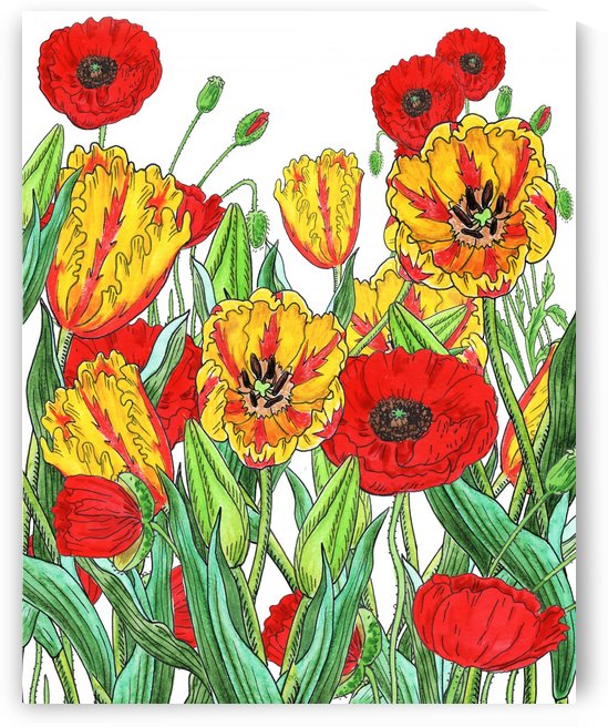 Parrot Tulips And Red Poppies Garden by Irina Sztukowski