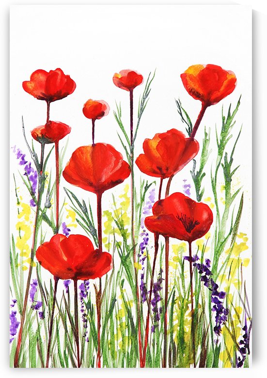 Red Poppies And Lavender Field Watercolor by Irina Sztukowski