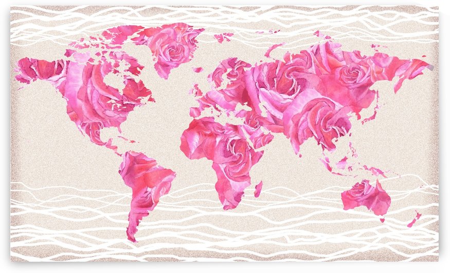 Pink Rose Petals Watercolor Map Of The World by Irina Sztukowski
