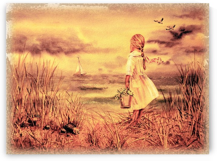 Vintage Watercolor Painting Girl And Ocean by Irina Sztukowski