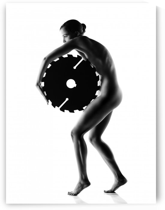 Nude woman with saw blade 1 by Johan Swanepoel