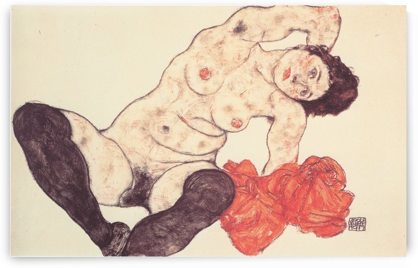 Weiblicher Akt mit gelbem Handtuch by Egon Schiele