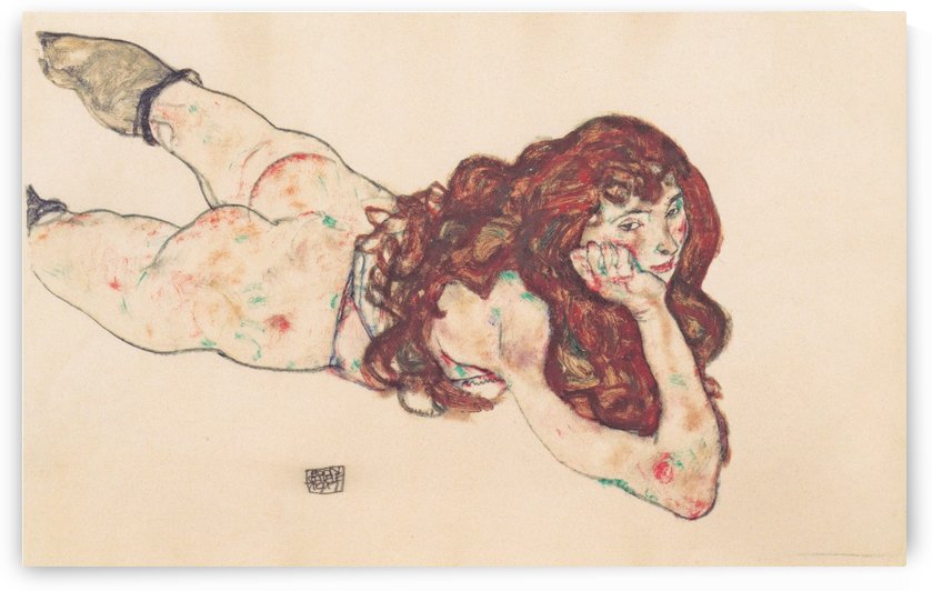 Auf dem Bauch liegender weiblicher Akt by Egon Schiele