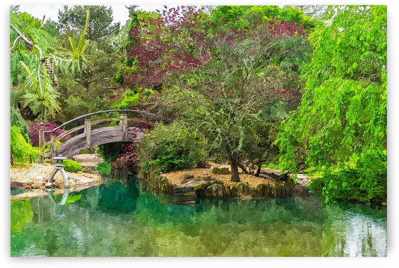 Japanense Moon Bridge Landscape Painterly by Jennifer White