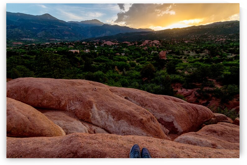 Feet On The Mountain Ledge At Sunset by Jennifer White