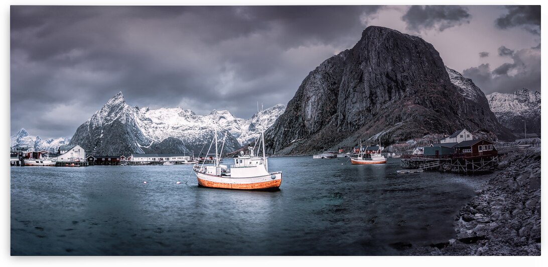 Lofoten Hamnoy Harbor Orange Fishing Boat by Norma Brandsberg Photography