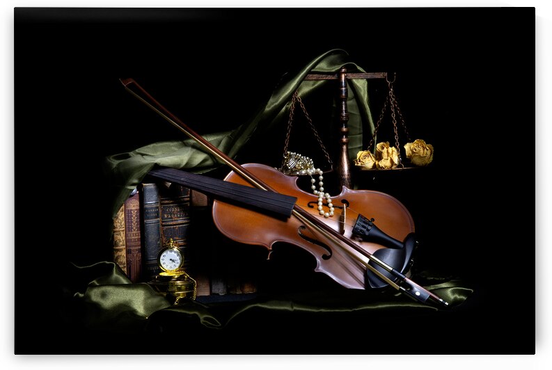 Violin and Books in Olive by Gil Hooper