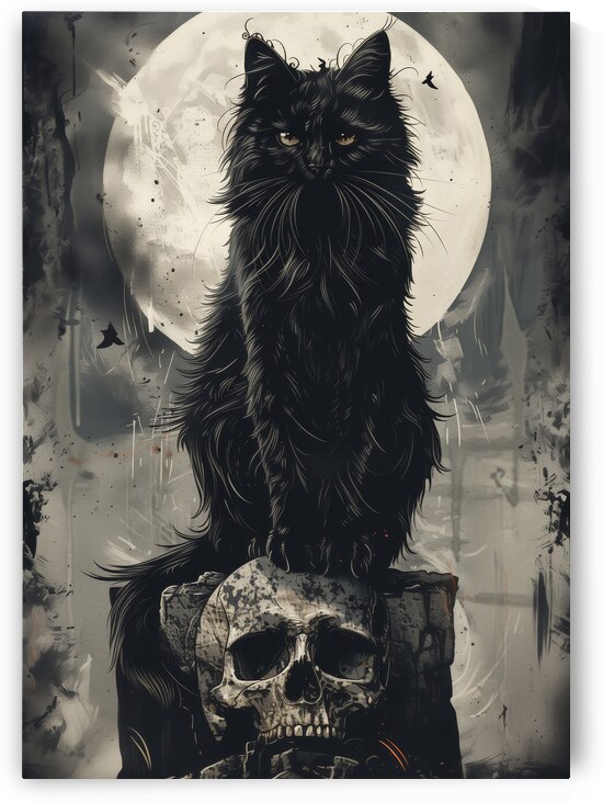 Mystic Moonlit Feline - Gothic Black Cat with Skull Artwork by Anne Laure GOUPIL