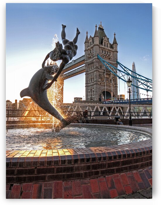 Girl and Dolphin at Tower Bridge by Gill Billington