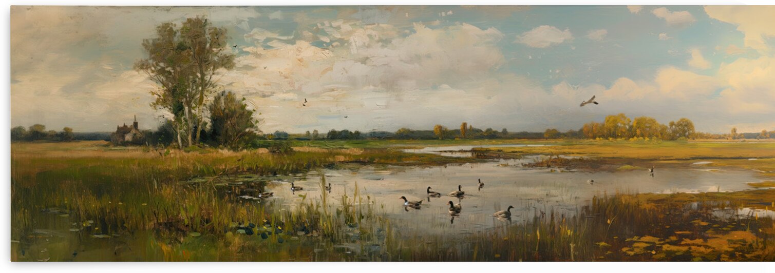 Duck Pond Panoramic Oil Painting Print. by New York Art Studio
