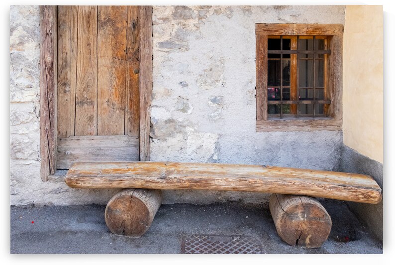 Italian Dolomite Mountains Old Wood Door and Bench by Norma Brandsberg Photography