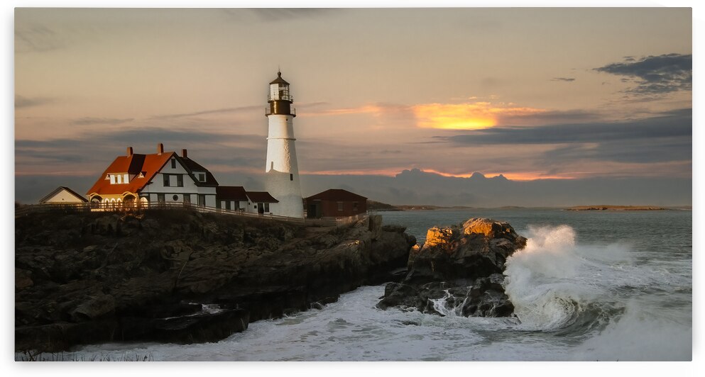 Maine Portland Cape Elizabeth  Lighthouse Sunset Panorama 2 by Norma Brandsberg Photography