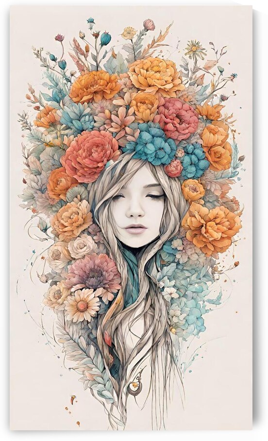 la fille des fleures  by Mixing colors on a lake a mountain a stork in the sky