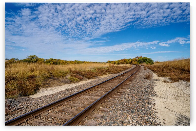 Nebraska Train Track Under Honeycomb Clouds by Jennifer White