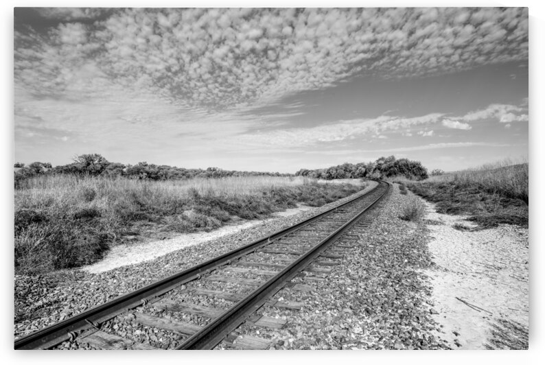 Nebraska Train Track Under Honeycomb Clouds Grayscale by Jennifer White