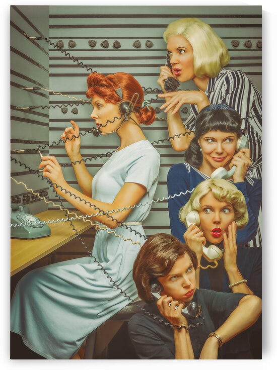 Vintage scene of four women from the 1950s gossiping on the phone their handset connected to a switchboard station by a telephone operator by Artmood Visualz