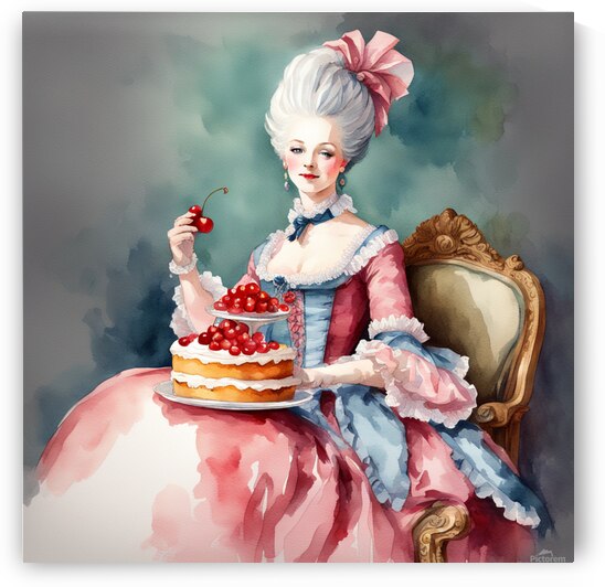 Marie Antoinette is sitting pretty and eating her cherry cake  Watercolor style by AIGALLERY